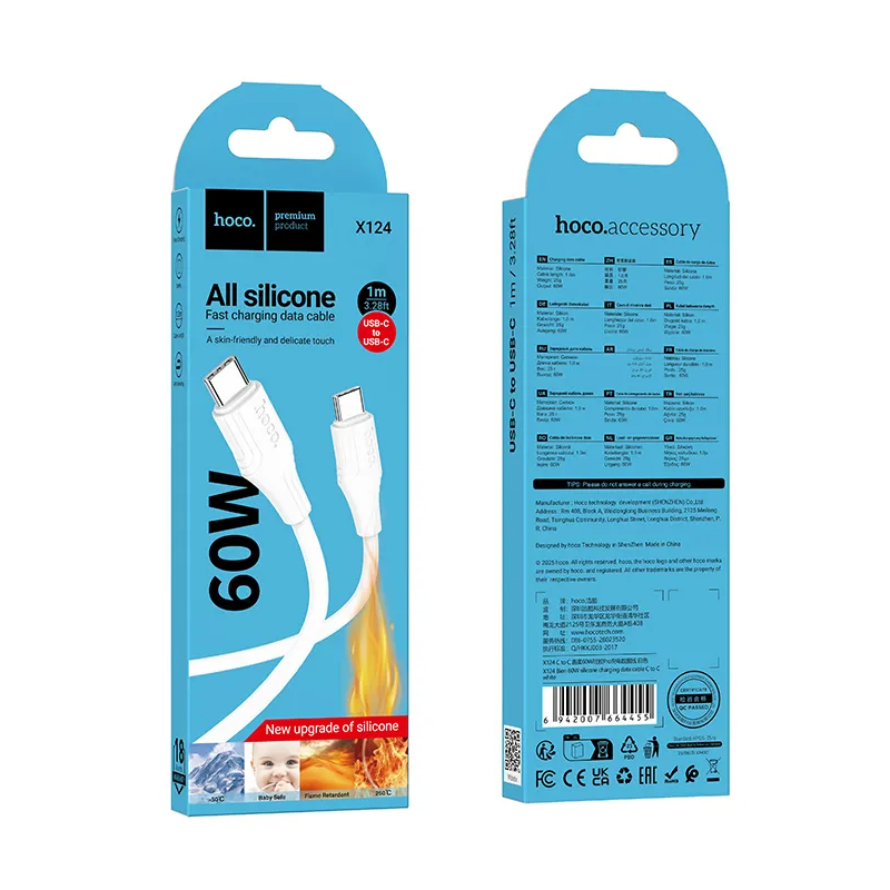 USB-C Data and Charging Cable - USB-C HOCO X124, 60W, 1m, White