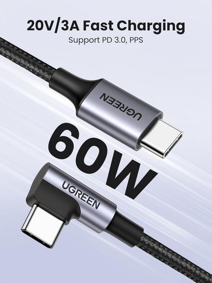 Kabel do danych i ładowania USB-C - USB-C UGREEN US255 Angled, 60W, 3m, Szary