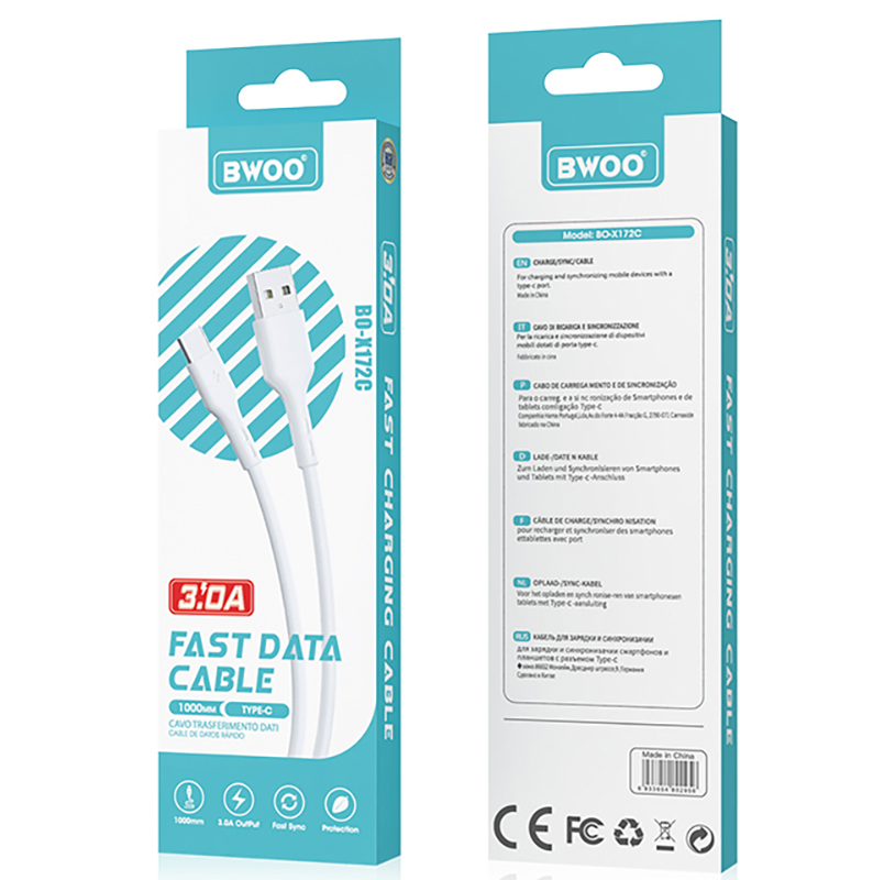 Kabel do danych i ładowania USB-A - USB-C BWOO X172C, 60W, 1m, Biały