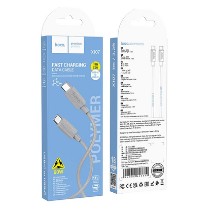 Kabel do danych i ładowania USB-C - USB-C HOCO X107, 60W, 1m, Szary