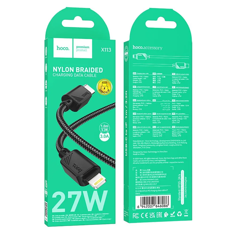 Kabel do danych i ładowania USB-C - Lightning HOCO X113, 27W, 1m, Czarny