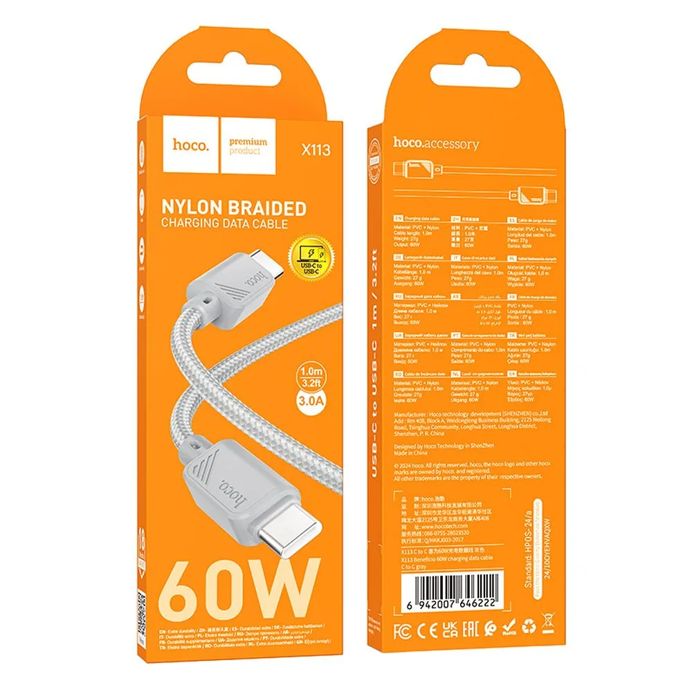 Kabel do przesyłu danych i ładowania USB-C - USB-C HOCO X113, 60W, 1m, Szary