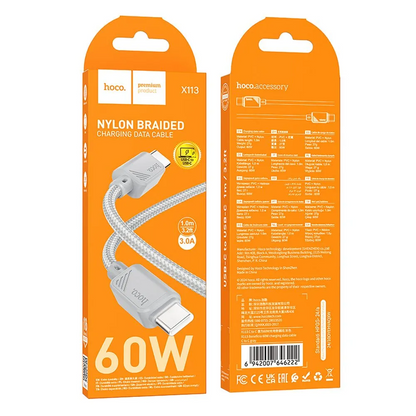 Kabel do przesyłu danych i ładowania USB-C - USB-C HOCO X113, 60W, 1m, Szary