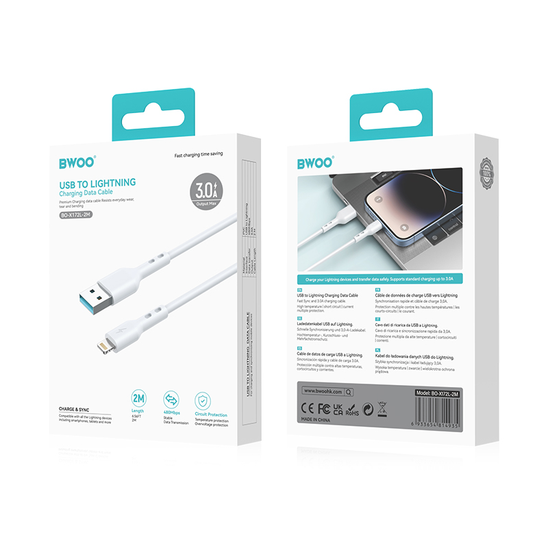 USB-A to Lightning Data and Charging Cable BWOO BO-X172L-2M, 15W, 2m, White