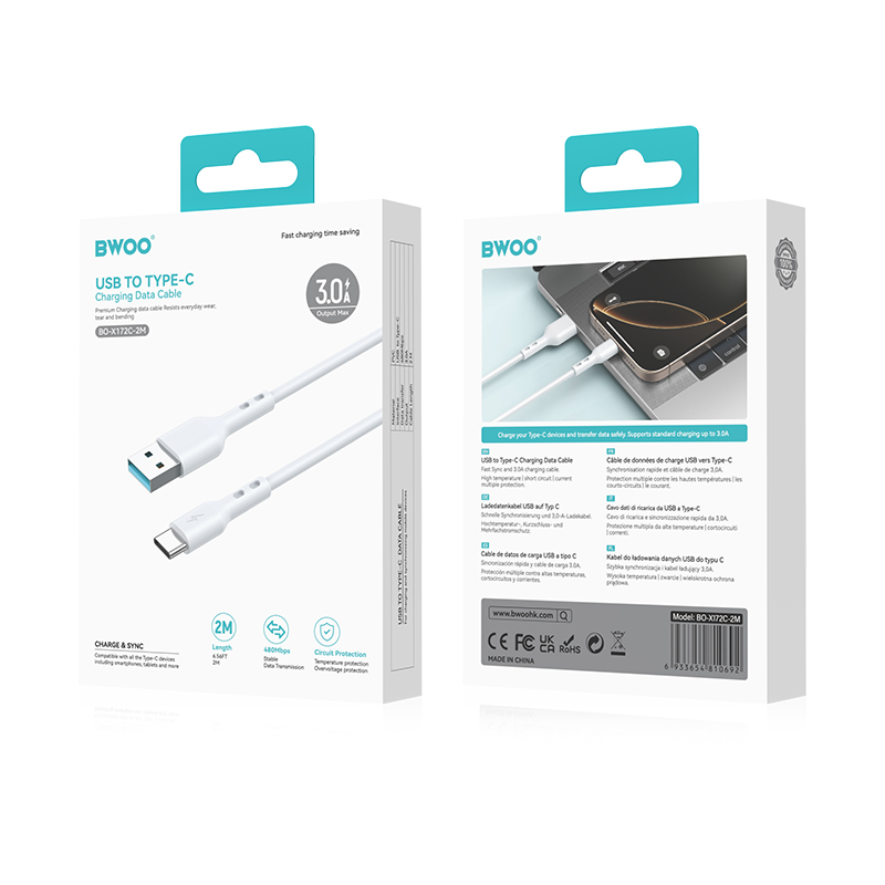 Kabel do przesyłu danych i ładowania USB-A - USB-C BWOO BO-X172C-2M, 15W, 2m, biały