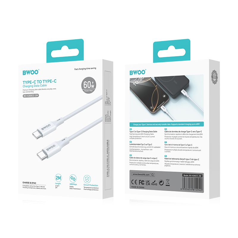 Kabel do przesyłu danych i ładowania USB-C - USB-C BWOO BO-X283CC-2M, 60W, 2m, biały