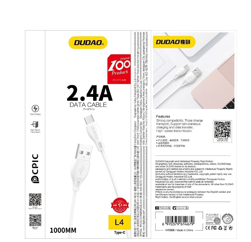 Kabel do przesyłu danych i ładowania USB-A - Lightning Dudao L4L, 18W, 1m, biały
