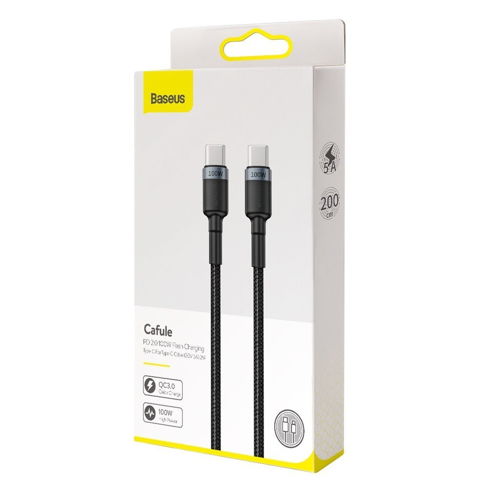 Kabel USB-C do ładowania i transmisji danych - USB-C Baseus Cafule, 100 W, 2 m, szary CATKLF-ALG1