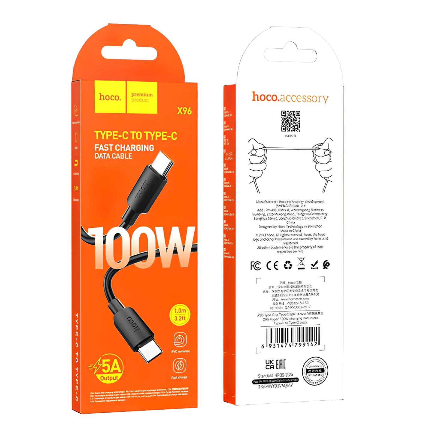 Kabel do danych i ładowania USB-C - USB-C HOCO X96, 100W, 1m, Czarny