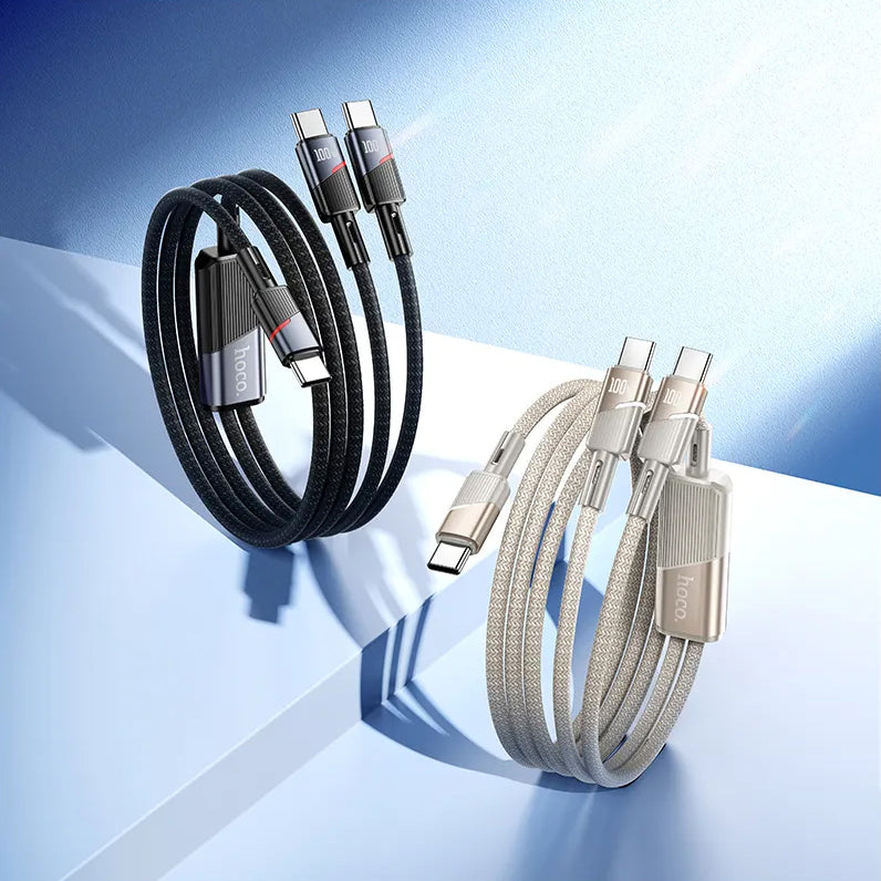 Kabel USB-C do danych i ładowania - 2 x USB-C HOCO U139 2w1, 100W, 1,2m, Czarny