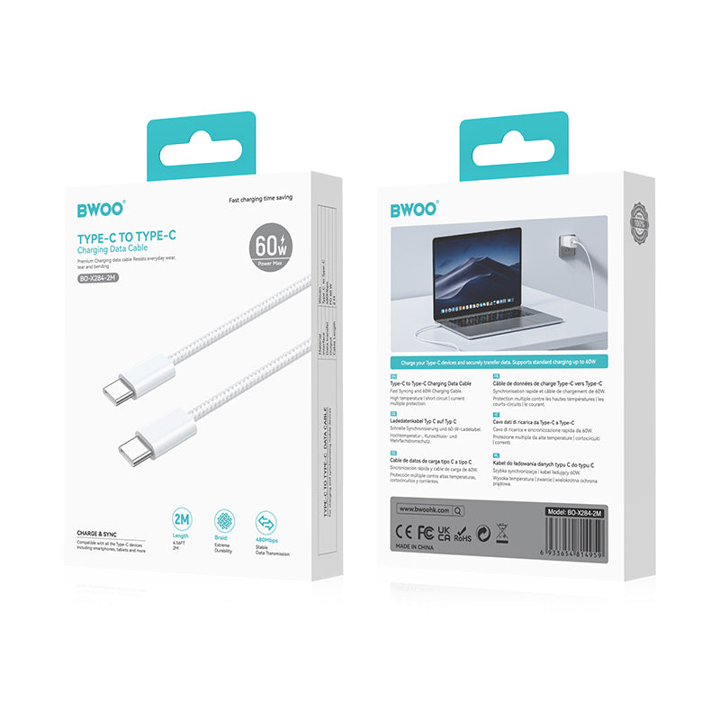 Kabel do danych i ładowania USB-C - USB-C BWOO BO-X284, 60W, 2m, Biały