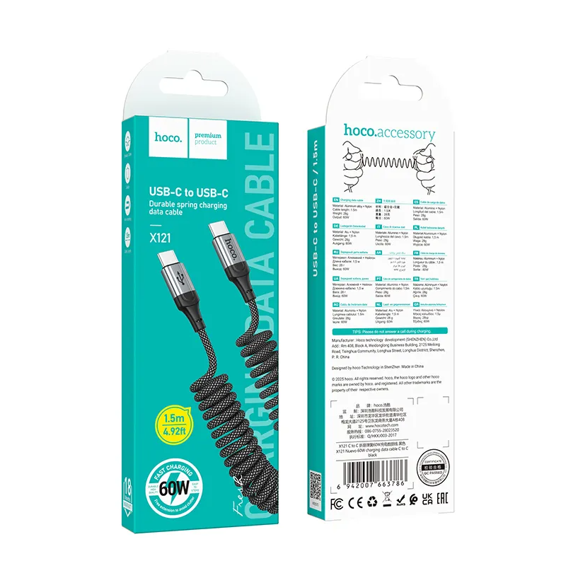 Kabel do danych i ładowania USB-C - USB-C HOCO X121, 60W, 1.5m, Czarny