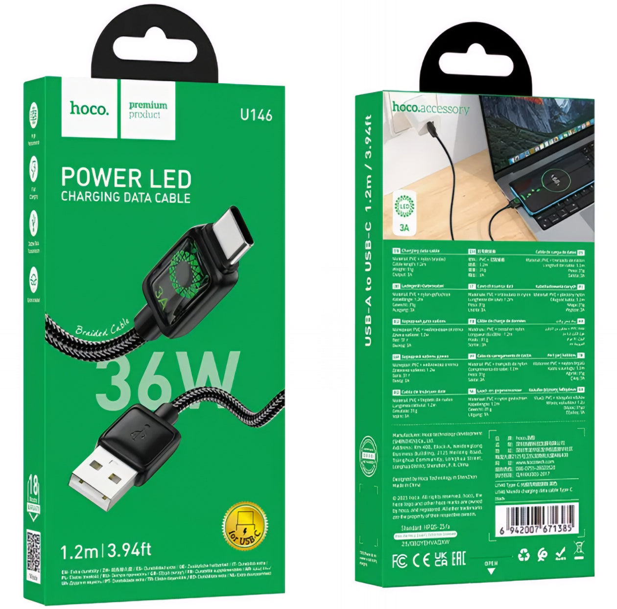 Kabel do danych i ładowania USB-A - USB-C HOCO U146, 36W, 1.2m, Czarny