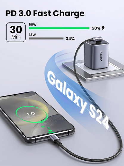 Kabel do danych i ładowania USB-C - USB-C UGREEN US255 Angled, 60W, 3m, Szary