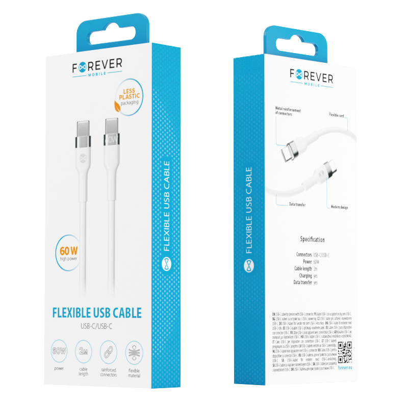Kabel USB-C do USB-C Forever Flexible, 60W, 2m, Biały