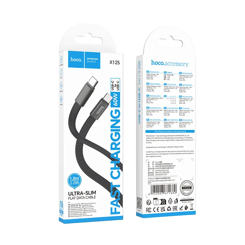 Kabel do danych i ładowania USB-C - USB-C HOCO X125, 60W, 1m, Czarny