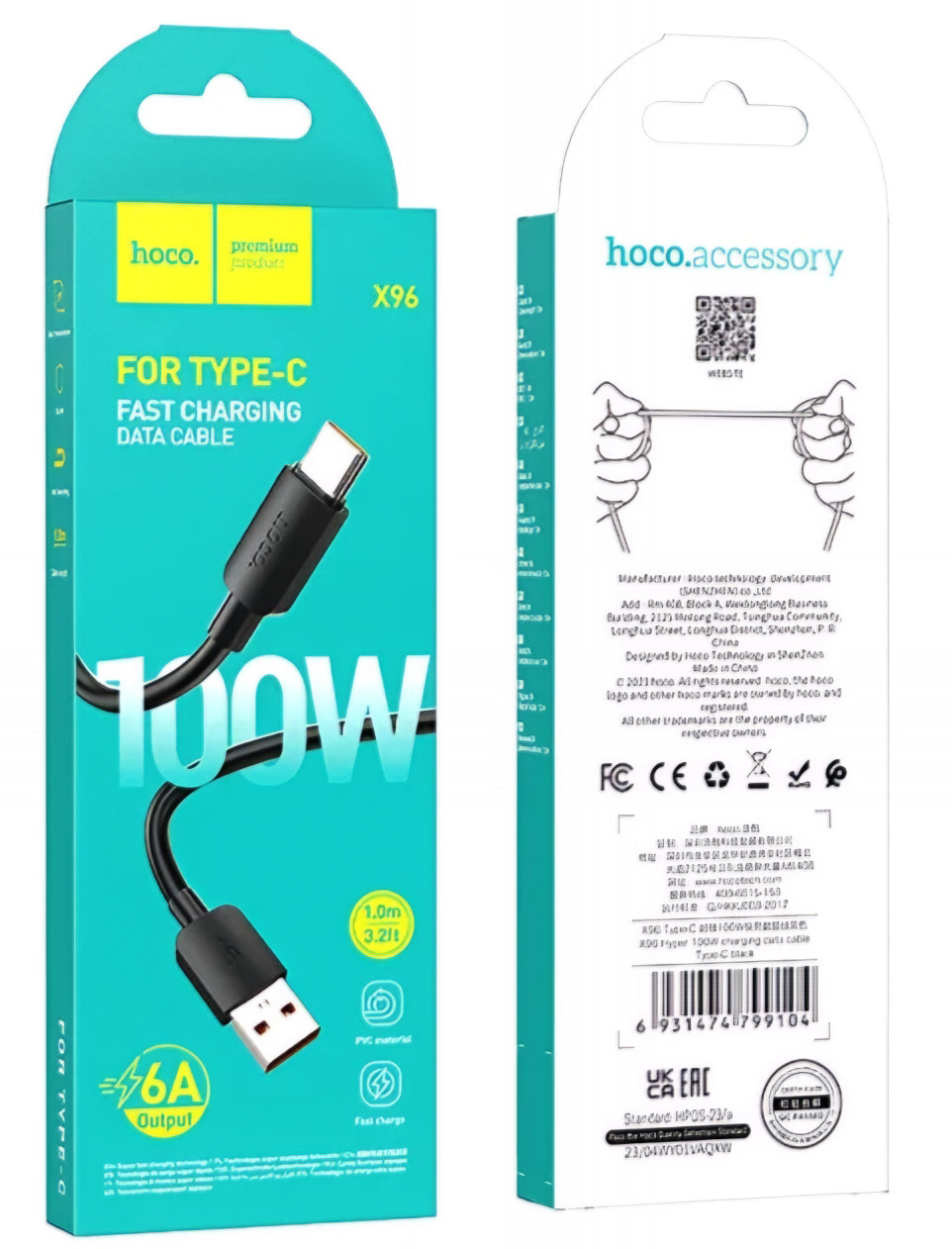 Kabel do ładowania i transmisji danych USB-A - USB-C HOCO X96, 100 W, 1 m, czarny 