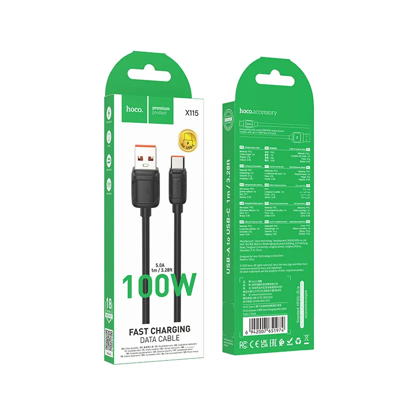 Kabel do przesyłu danych i ładowania USB-A - USB-C HOCO X115, 100W, 1m, Czarny
