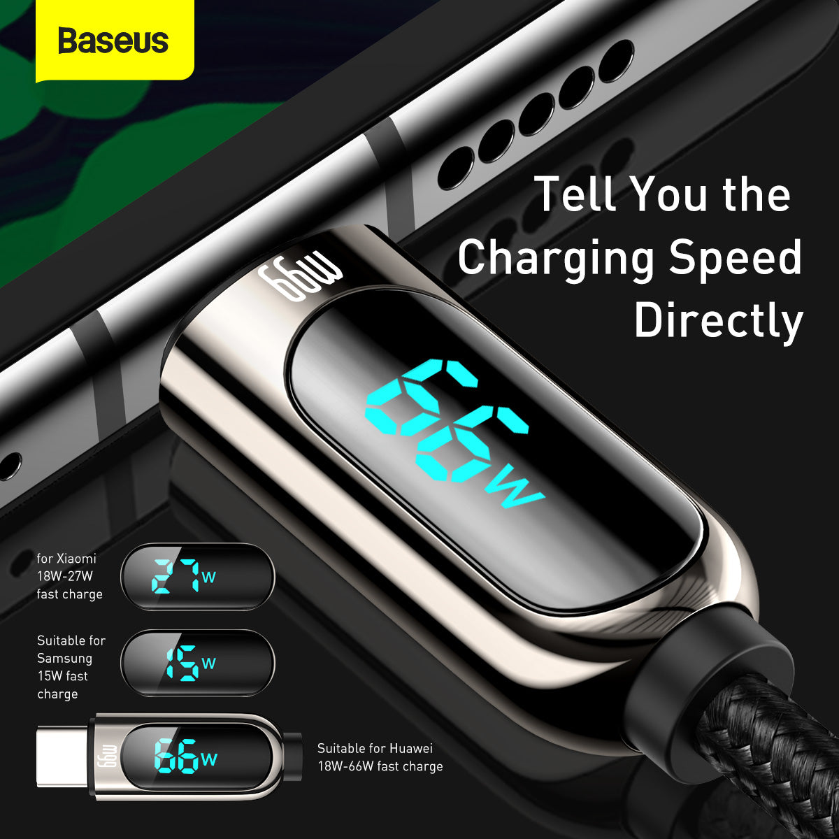 Kabel do Transmisji Danych i Ładowania USB-A - USB-C Baseus Display, 66W, 2m, Czarny CASX020101