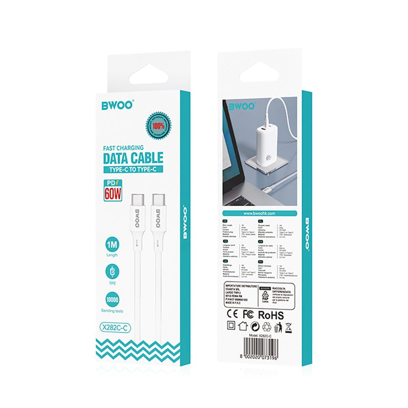Kabel do danych i ładowania USB-C - USB-C BWOO X282, 60W, 1m, Biały