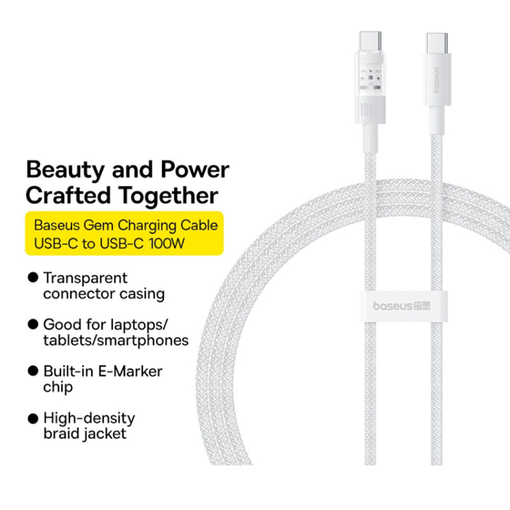 Kabel do danych i ładowania USB-C - USB-C Baseus Gem, 100W, 2m, Biały P10373000211-01