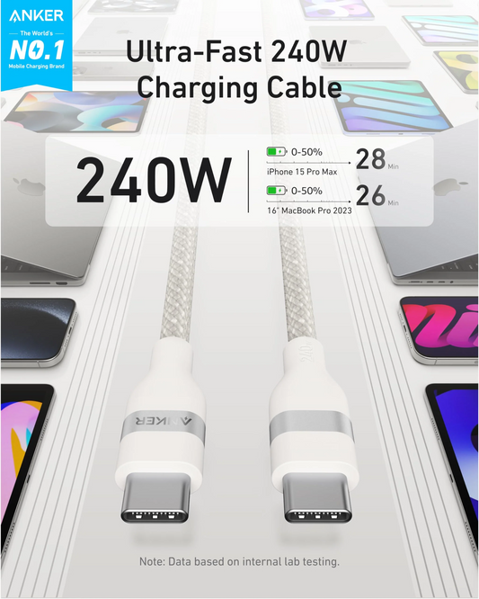 Kabel do danych i ładowania USB-C - USB-C Anker, 240W, 1.8m, Biały A82E2H22