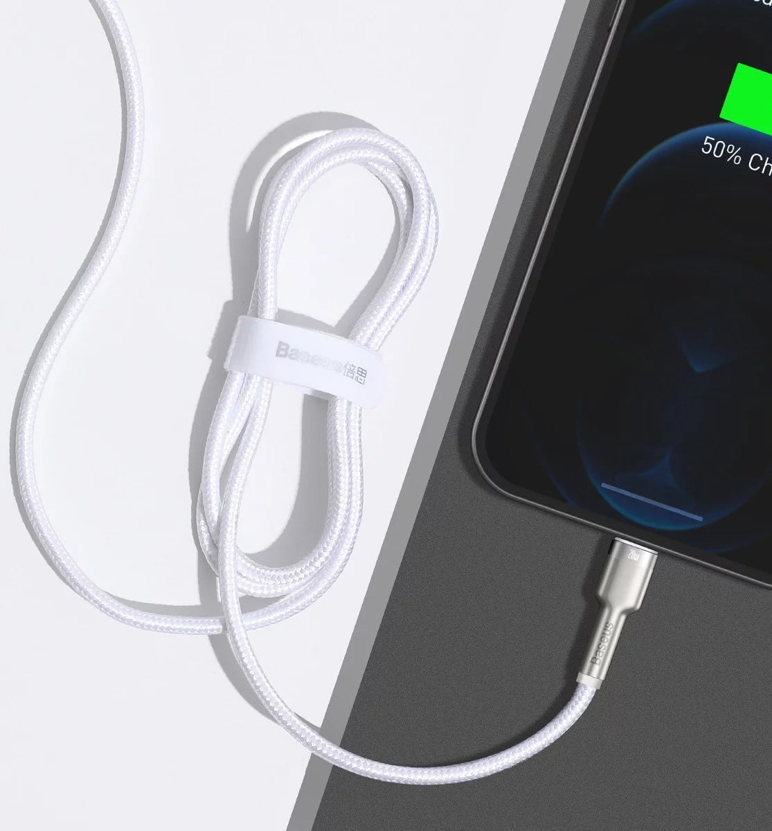 Kabel do danych i ładowania USB-C - Lightning Baseus Cafule Metal Series, 20W, 2m, Biały CATLJK-B02
