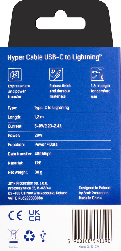 Kabel do ładowania i transmisji danych USB-C - Lightning 3MK Hyper, 20 W, 1,2 m, biały 