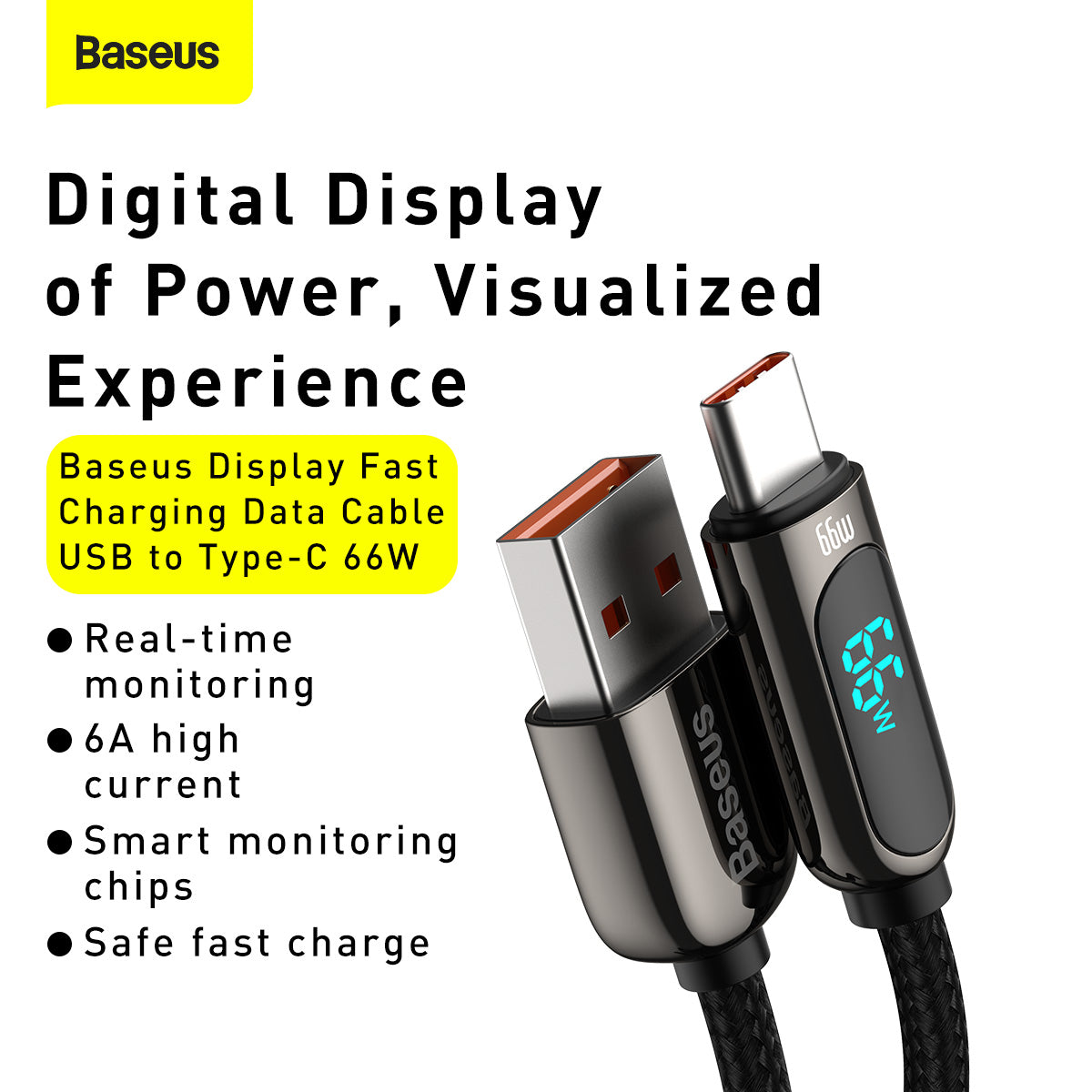 Kabel do Transmisji Danych i Ładowania USB-A - USB-C Baseus Display, 66W, 2m, Czarny CASX020101