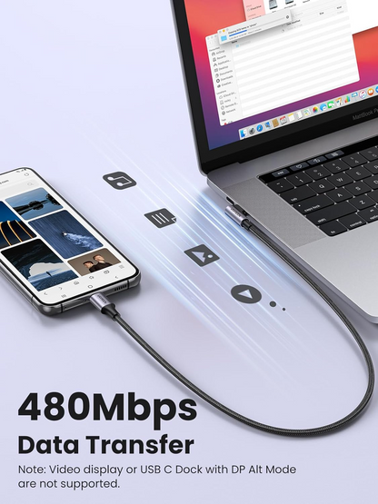 Kabel do danych i ładowania USB-C - USB-C UGREEN US255 Angled, 60W, 3m, Szary
