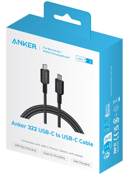 Kabel do danych i ładowania USB-C - USB-C Anker 322, 60W, 0,9m, Czarny A81F5G11