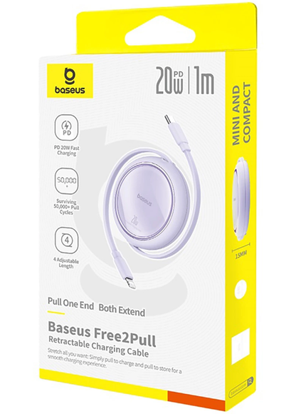 Kabel do przesyłu danych i ładowania USB-C - Lightning Baseus Free2Pull Mini Retractable, 20W, Fioletowy P10364501511-00