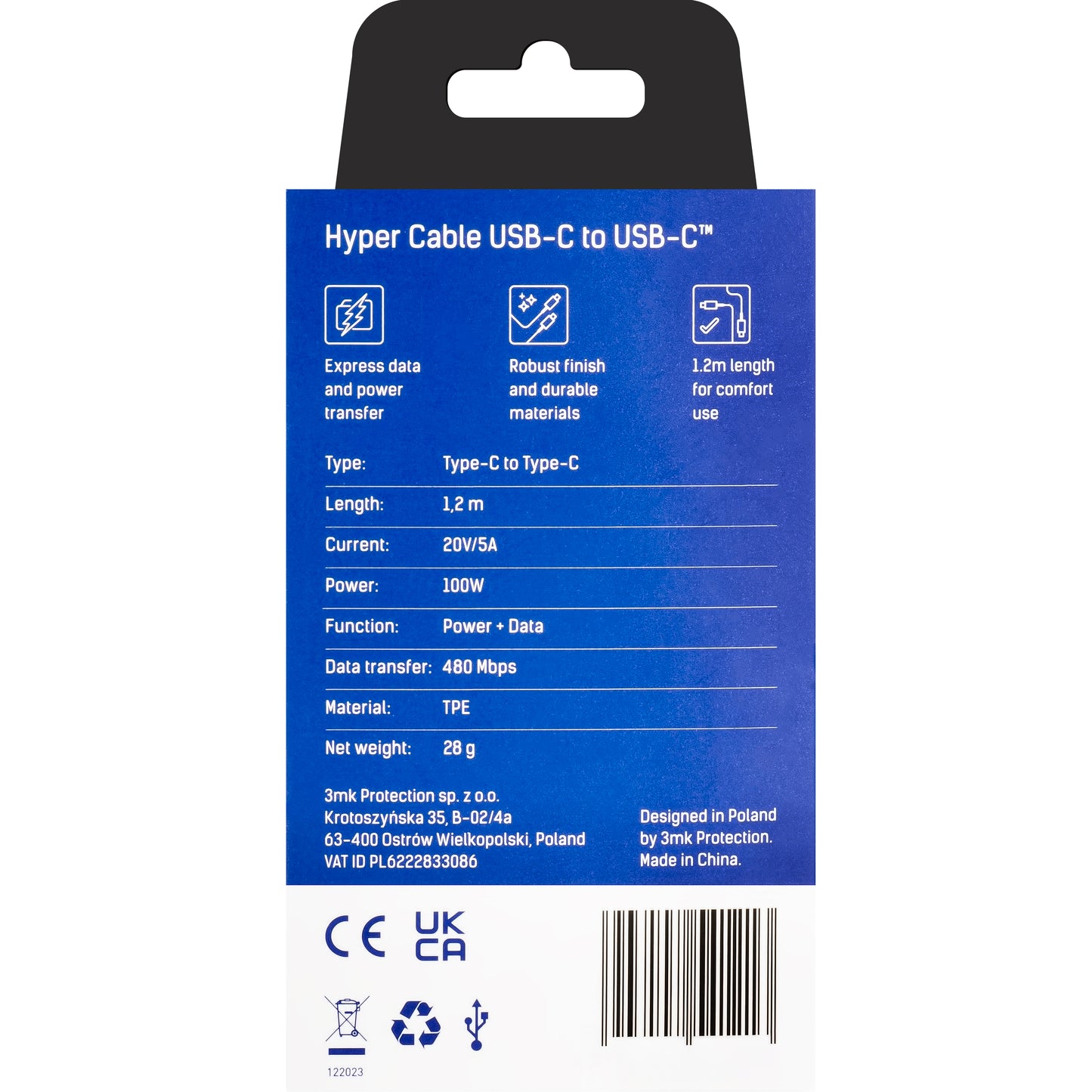 Kabel do danych i ładowania USB-C - USB-C 3MK Hyper, 100W, 1.2m, Czarny