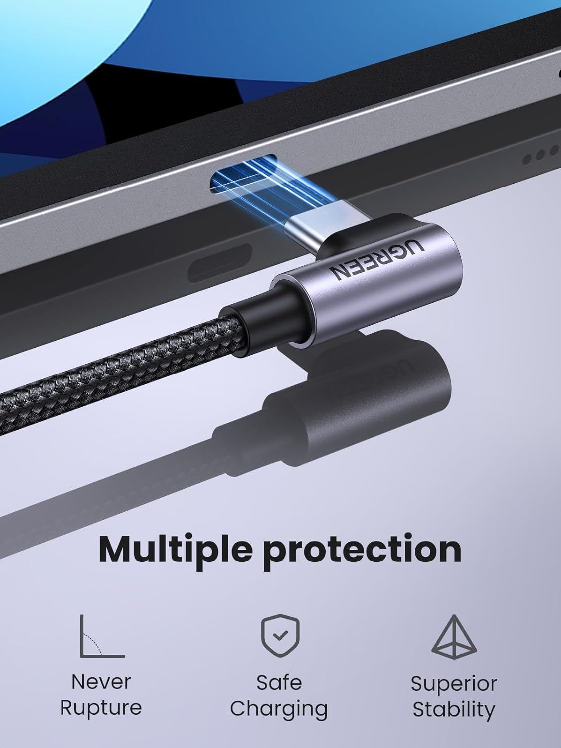 Kabel do danych i ładowania USB-C - USB-C UGREEN US255 Angled, 60W, 3m, Szary