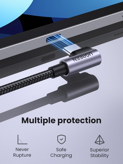 Kabel do danych i ładowania USB-C - USB-C UGREEN US255 Angled, 60W, 3m, Szary