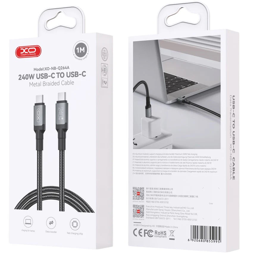 Kabel do danych i ładowania USB-C - USB-C XO Design NB-Q264A, 240W, 1m, Czarny