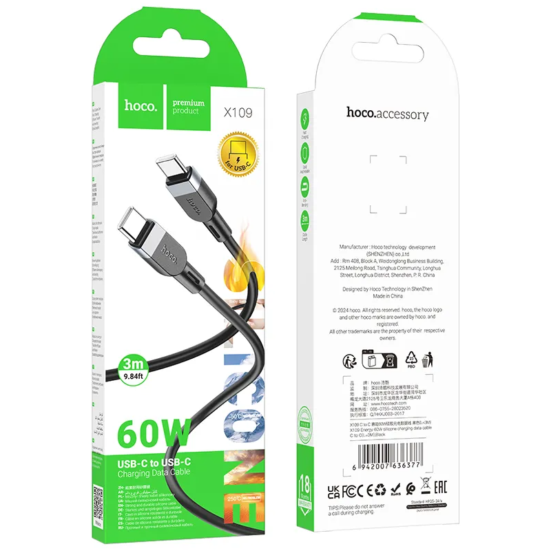 Kabel do przesyłu danych i ładowania USB-C - USB-C HOCO X109, 60W, 3m, Czarny