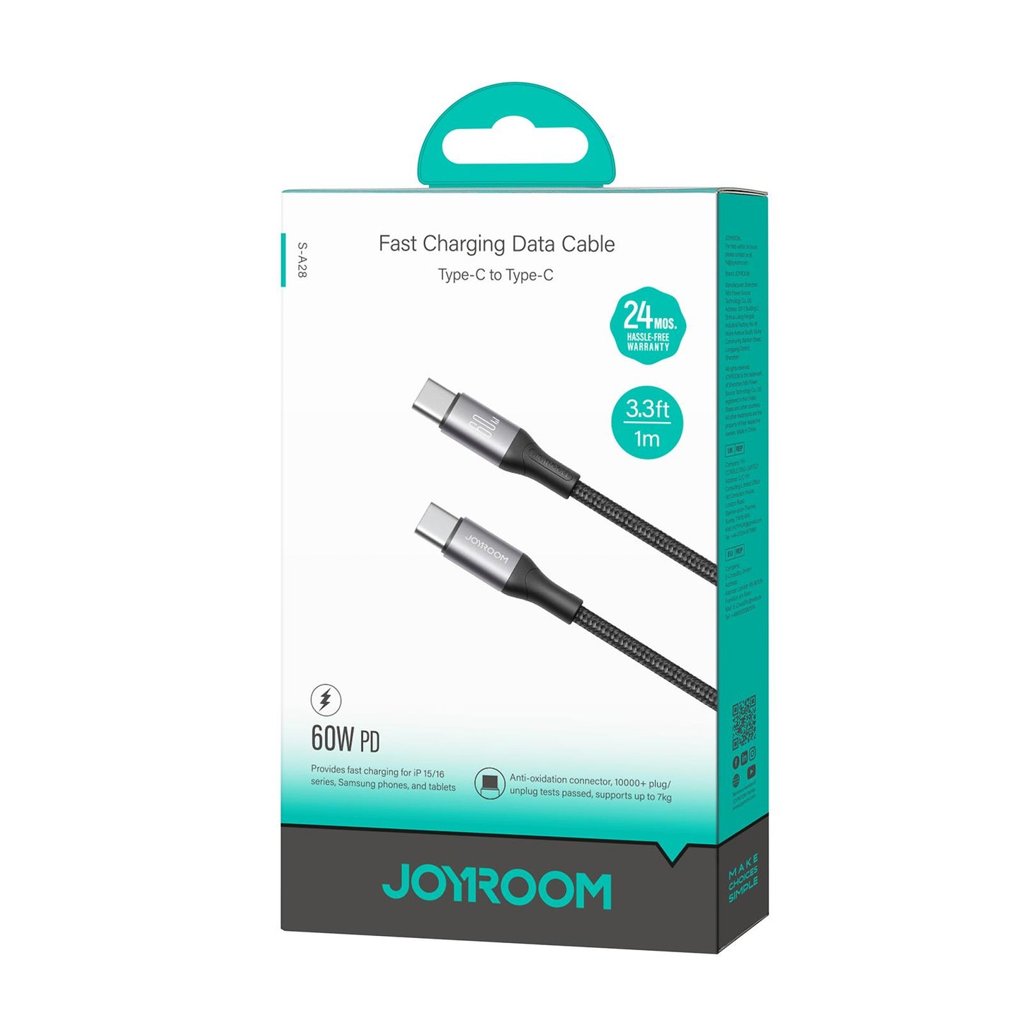 Kabel do danych i ładowania USB-C - USB-C Joyroom S-A28 Flash, 60W, 1m, Czarny