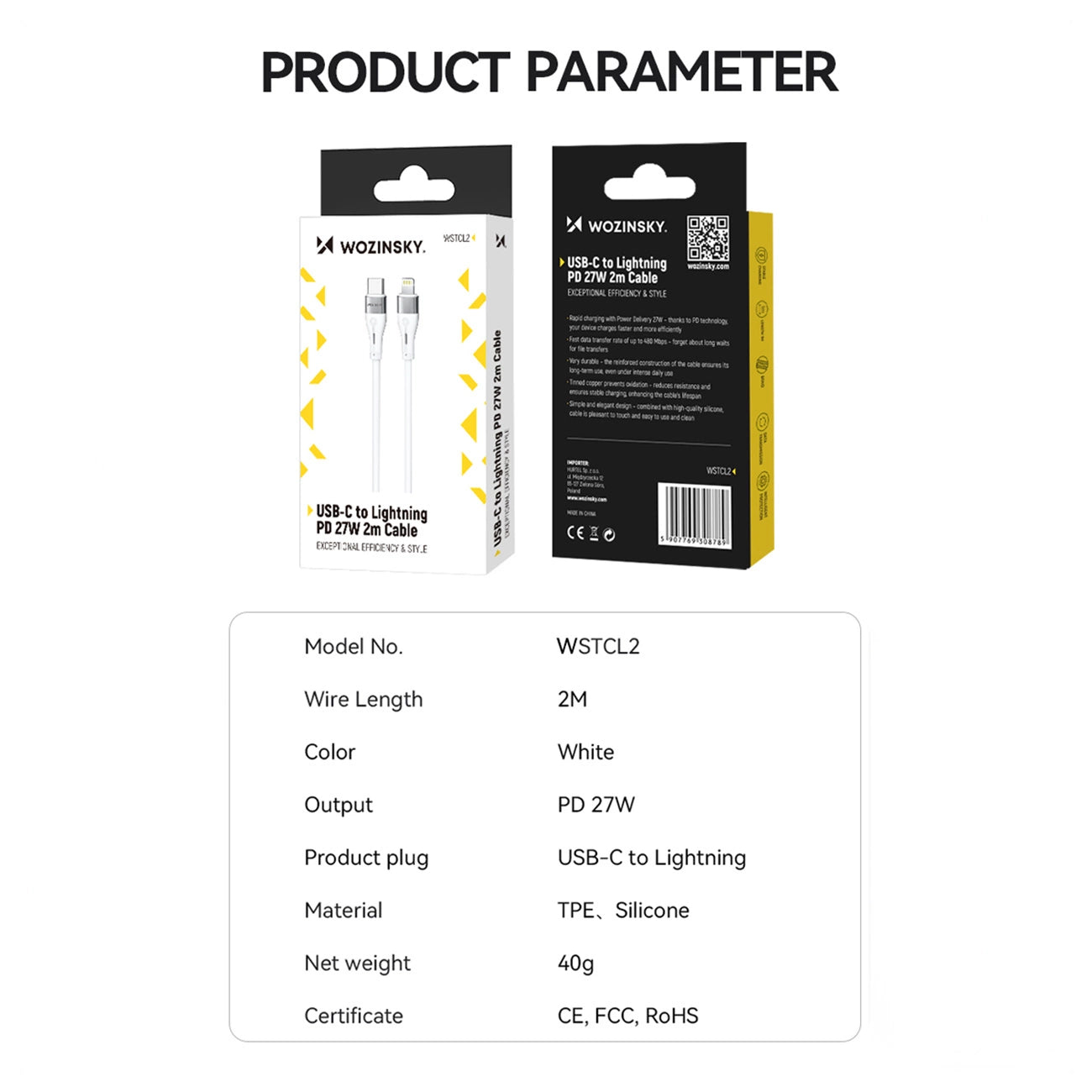 Kabel do danych i ładowania USB-C - Lightning WZK WSTCL1, 27W, 1m, Biały
