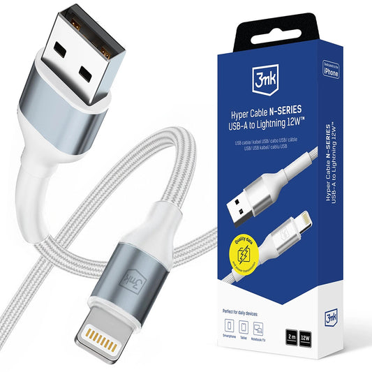 Kabel do danych i ładowania USB-A - Lightning 3MK Hyper N, 12W, 2m, Biały