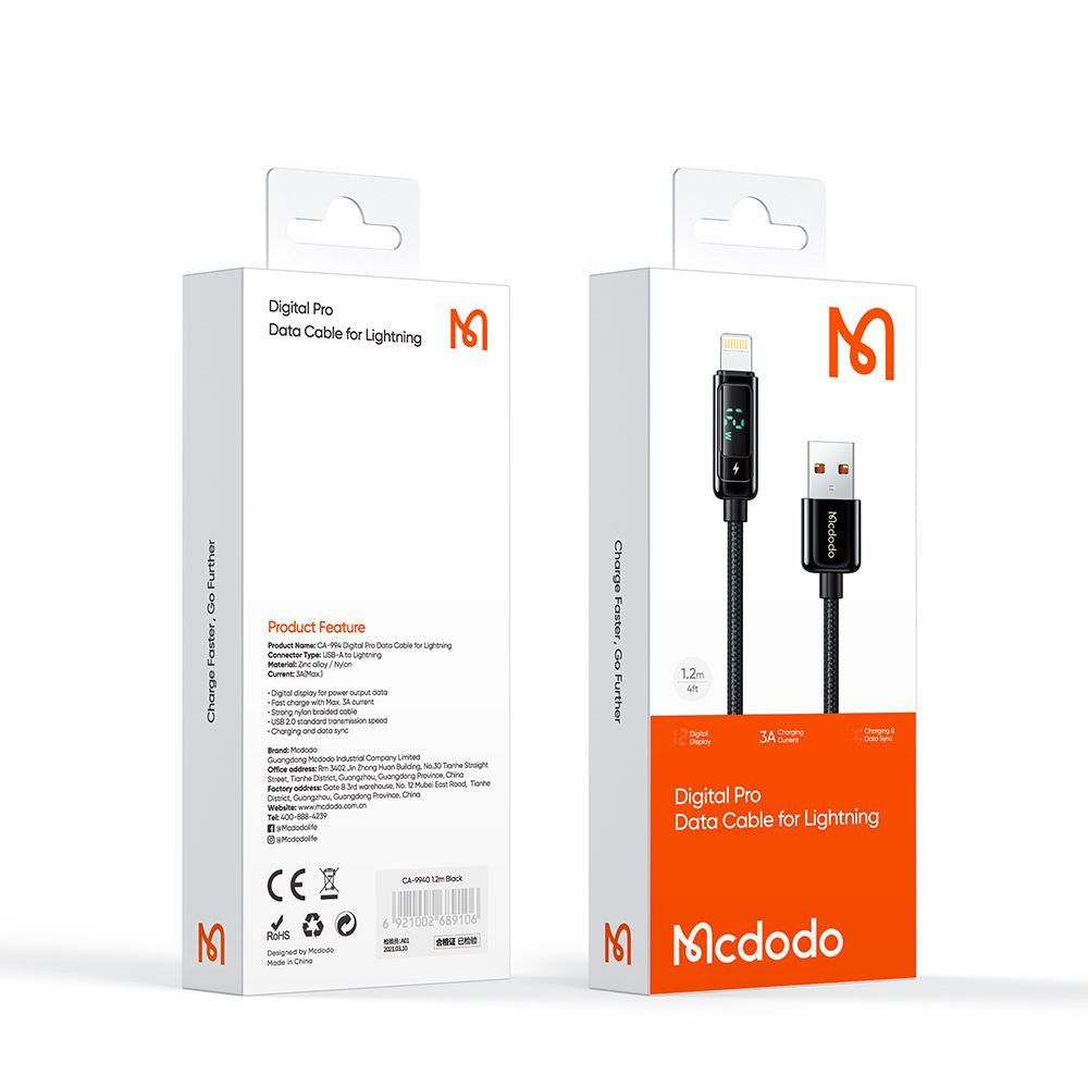 Kabel do danych i ładowania USB-A - Lightning McDodo CA-9940 Display, 12W, 1.2m, Czarny