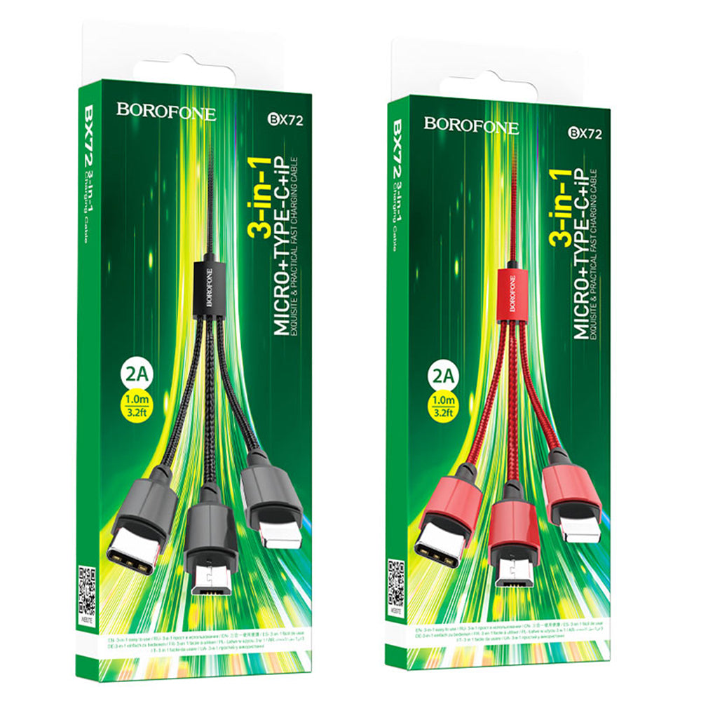 USB-A Charging Cable - Lightning / microUSB / USB-C Borofone BX72, 18W, 1m, Black
