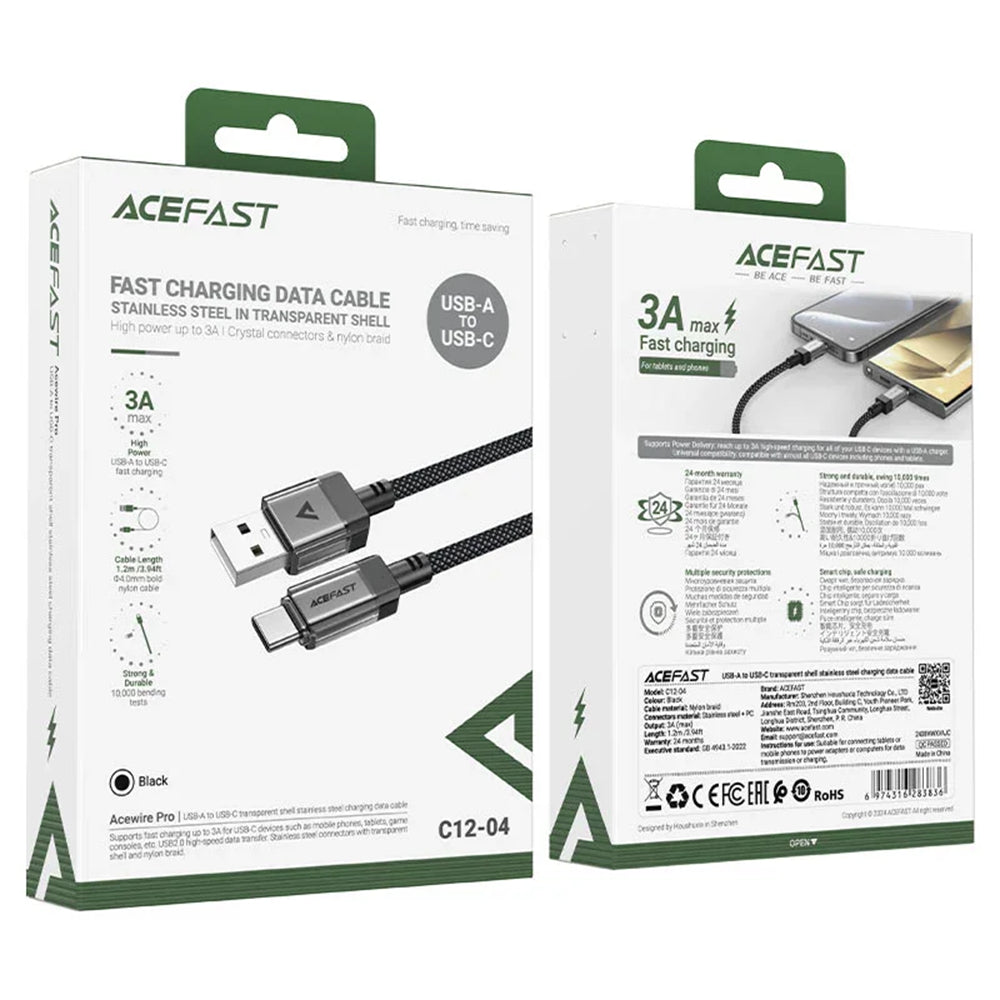 Kabel do danych i ładowania USB-A - USB-C Acefast C12-04, 18W, 1.2m, Czarny