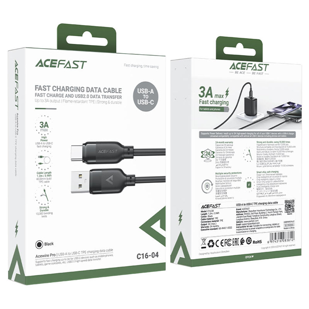 USB-A to USB-C Acefast C16-04 Data and Charging Cable, 18W, 1.2m, Black