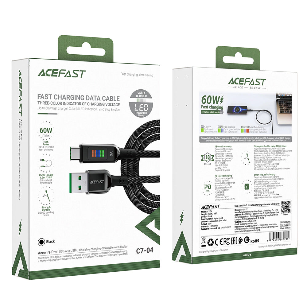Kabel do danych i ładowania USB-A - USB-C Acefast C7-04, 18W, 1.2m, Czarny