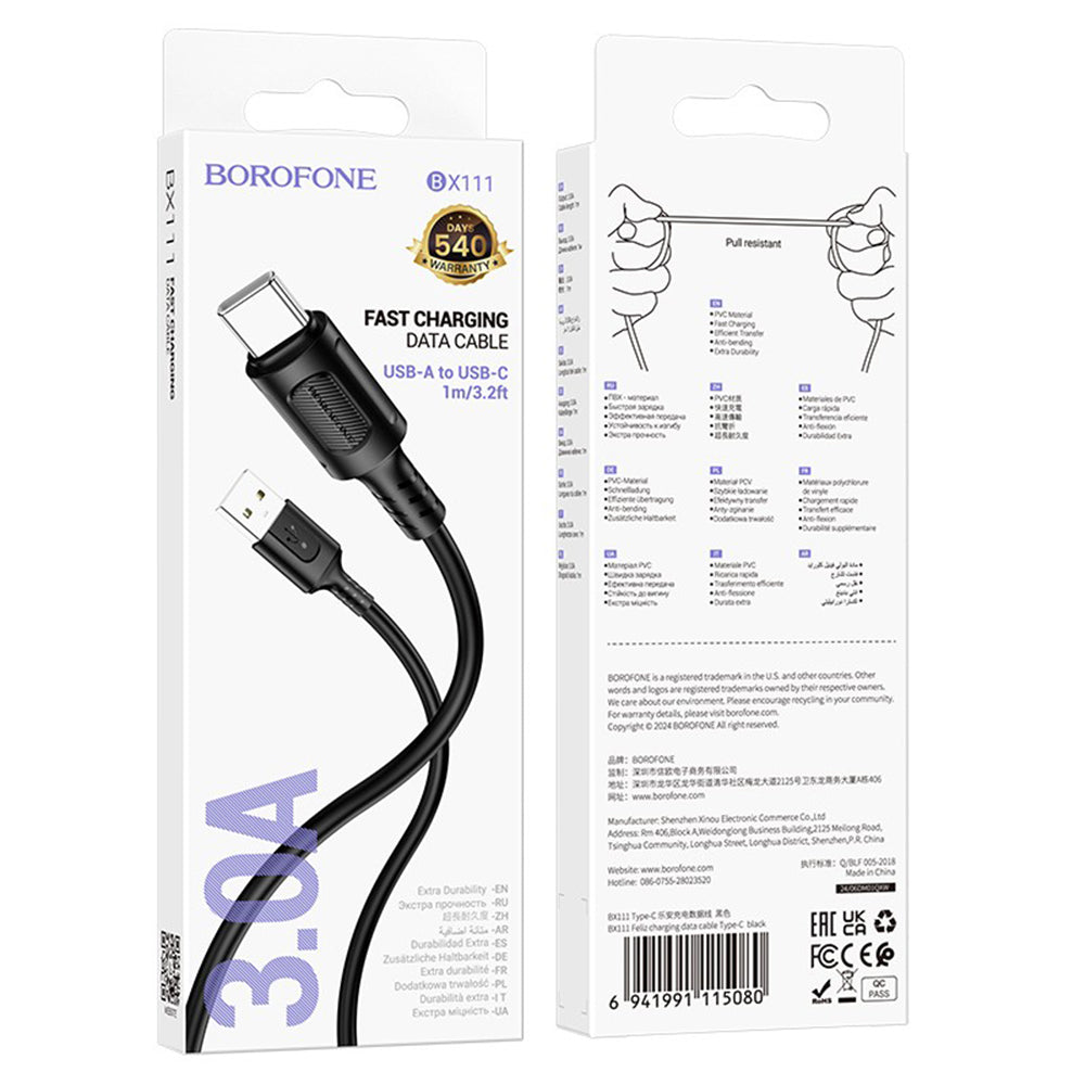 Kabel do danych i ładowania USB-A - USB-C Borofone BX111 Feliz, 20W, 1m, Czarny