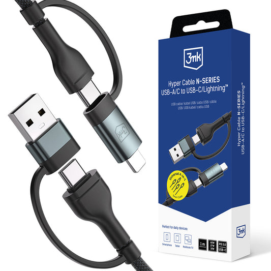 Kabel do danych i ładowania USB-A / USB-C - USB-C / Lightning 3MK Hyper N, 60W, 1.2m, Czarny
