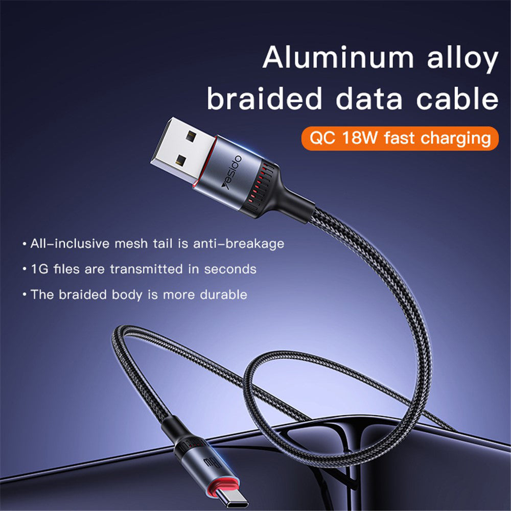 Kabel do danych i ładowania USB-A - USB-C Yesido CA130C, 18W, 2m, Czarny