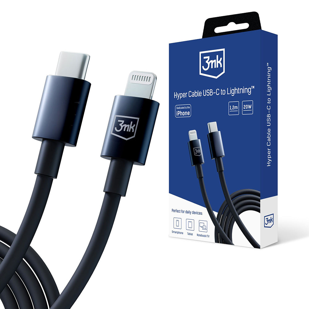 Kabel do danych i ładowania USB-C - Lightning 3MK Hyper, 20W, 1.2m, Czarny