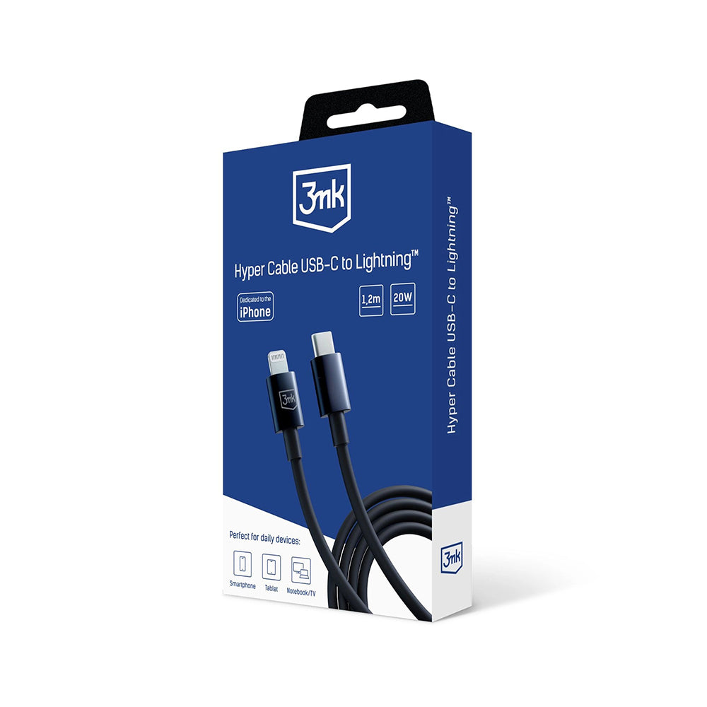 Kabel do danych i ładowania USB-C - Lightning 3MK Hyper, 20W, 1.2m, Czarny